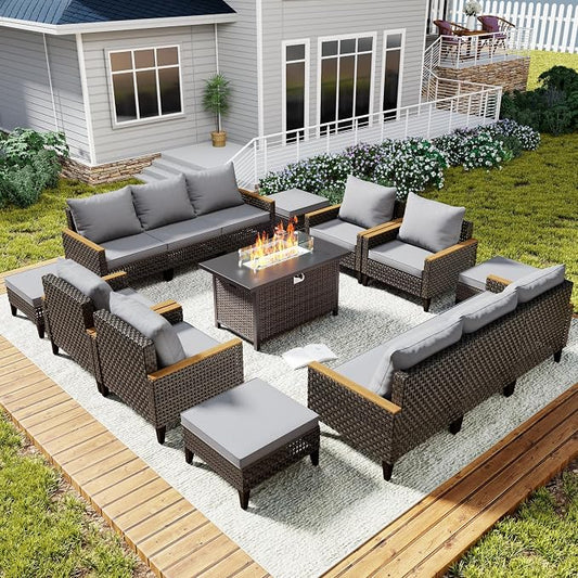 15 Piece Patio Sectional Sofa Set with 50000 BTU Fire Pit Table, All-Weather Wicker Rattan Outdoor Conversation Set, High Back, for Garden, Porch, Poolside, Gray