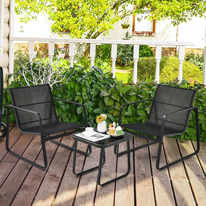 Tangkula 3 Pieces Outdoor Conversation Set, Patiojoy All-Weather Patio Furniture Set with Breathable Fabric and Steel Frame, Bistro Chat Set for Porch, Garden, Backyard (Black)