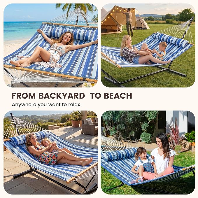 ANAGOO Double Hammock with Stand, Heavy Duty Outdoor Hammock for Two, 500 LBS Capacity, Stable Steel Frame with Balance Strap, Easy Tool-Free Assembly for Patio, Garden, Backyard & Beach,Blue