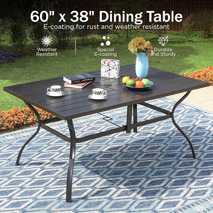 PHI VILLA 8 PCS Patio Dining Set w/13ft Patio Umbrella(Navy Blue) | Metal Outdoor Dining Set - 6 x Outdoor Stackable Chairs, 1x 60"x38"Rectangle Dining Table and 1 Umbrella