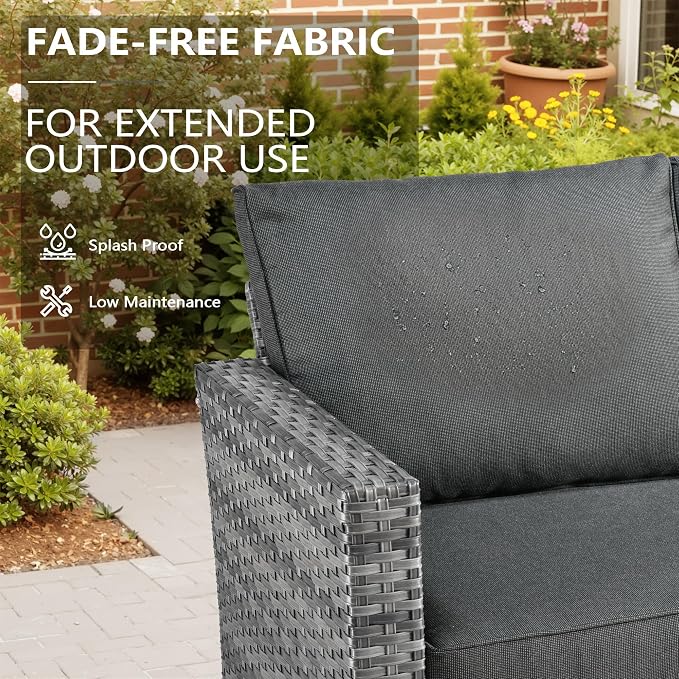 CAODOC 8-Piece Outdoor Wicker Patio Set with 9 Seats, Including 53" Fire Pit - Sectional Sofa and Conversation Set for Backyard or Lawn, Gray Rattan with Waterproof Black Cushions