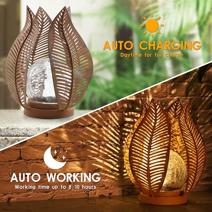 Solar Outdoor Lights Garden Decor Waterproof Crackle Glass Globe,Metal Yard Art Outdoor Solar Garden Lights for Decor Yard,Porch,Patio Decorations.Gardening Gifts for Women/Mom.
