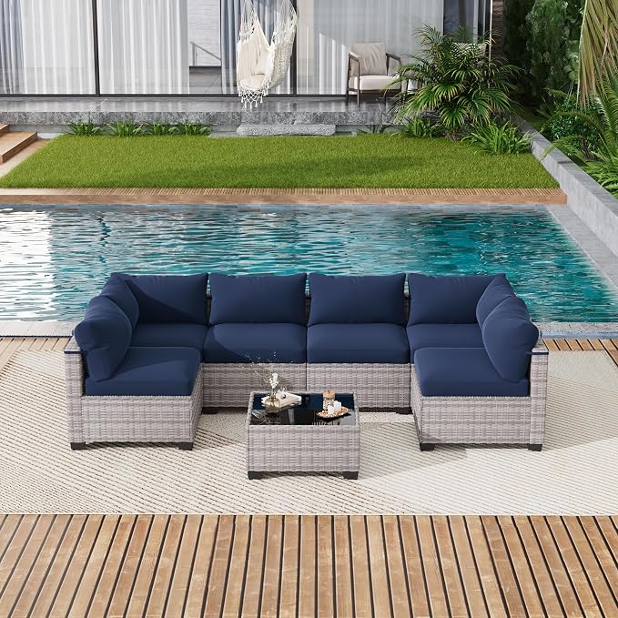LOUVIXA 7 Piece Outdoor Patio Furniture Set, Outdoor Sectional Sofa, Wicker Rattan Patio Furniture, Patio Conversation Set with Coffee Table & Cushions