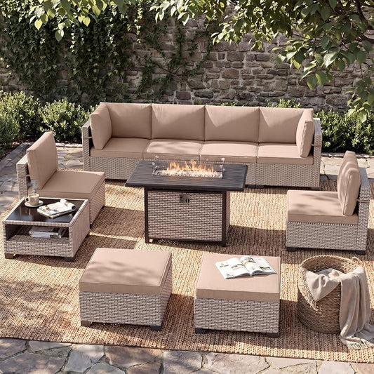 Patio Furniture Set, 10-Piece Outdoor Sectional Sofa with 60,000 BTU Fire Pit Table & Ottomans, Wicker Patio Conversation Set with Coffee Table, Khaki Cushions