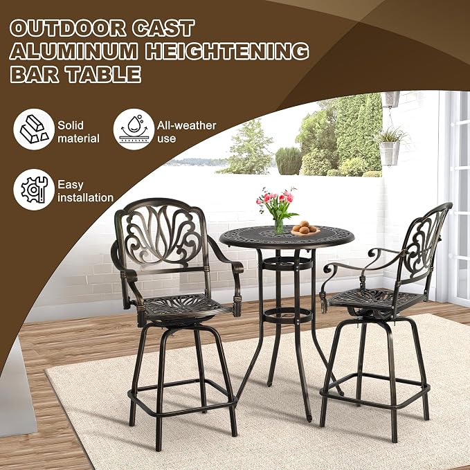 Grepatio 32" Outdoor Bar Table, Patio Cast Aluminum Height Bar Table, 41" Tall Patio Bistro Bar Table with Umbrella Hole, Round Patio High Top Dining Table for Garden Party