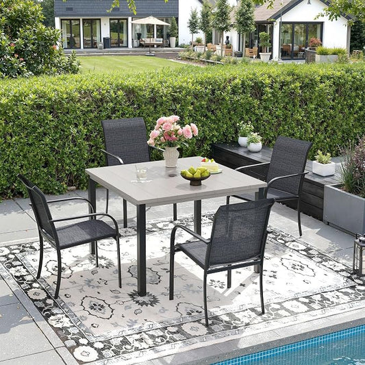 DIFY 5 Pieces Outdoor Patio Dining Set for 4, 40.2" Grey Wood-Like Square Metal Dining Table and 4 Grey Stackable Textilene Patio Chairs, Outdoor Table and Chairs for Backyard Garden Poolside