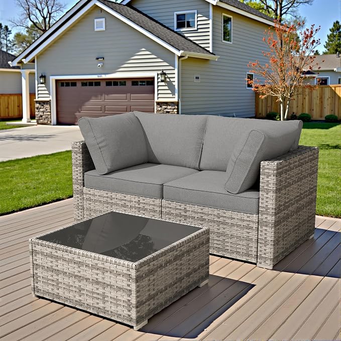 HOOOWOOO Patio Sectional Furniture Set,3 Piece Couch Set with 2 Matching Corner Chairs and 1 Table(Charcoal Gray)