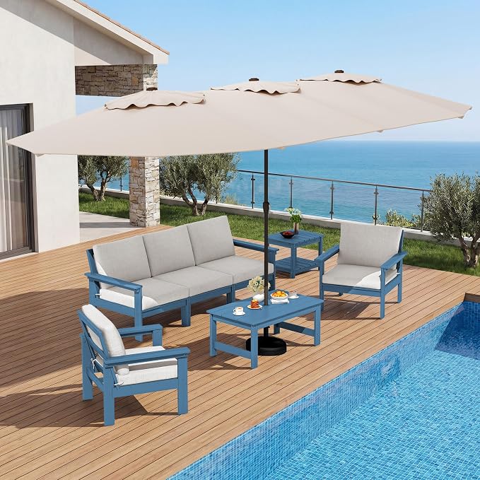 SERWALL HDPE Patio Coffee Table, Rectangle Outdoor Coffee Table, All-Weather Coffee Side Table for Balcony, Poolside, Deck, Garden, Blue