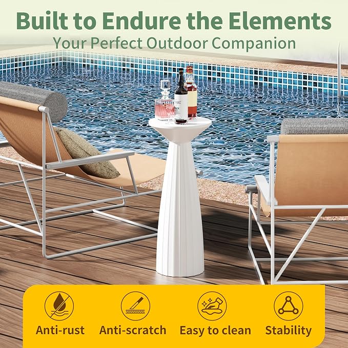 Modern Patio Side Table, Mid-Century Metal Outdoor End Table, Pedestal Round Accent Table for Poolside, Balcony & Living Room, Weather Resistant, No Assembly Required, White