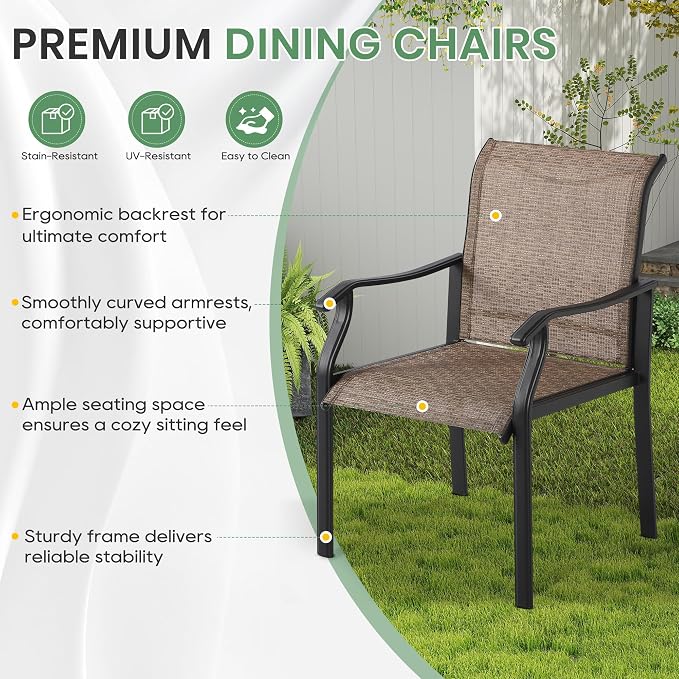 LVUYOYO 7-Piece Outdoor Patio Dining Set, Textilene Dining Chairs & Rectangular Table Set, All-Weather Table and Chairs Set with Umbrella Hole for Backyard, Garden,Balcony,Porch (Brown)