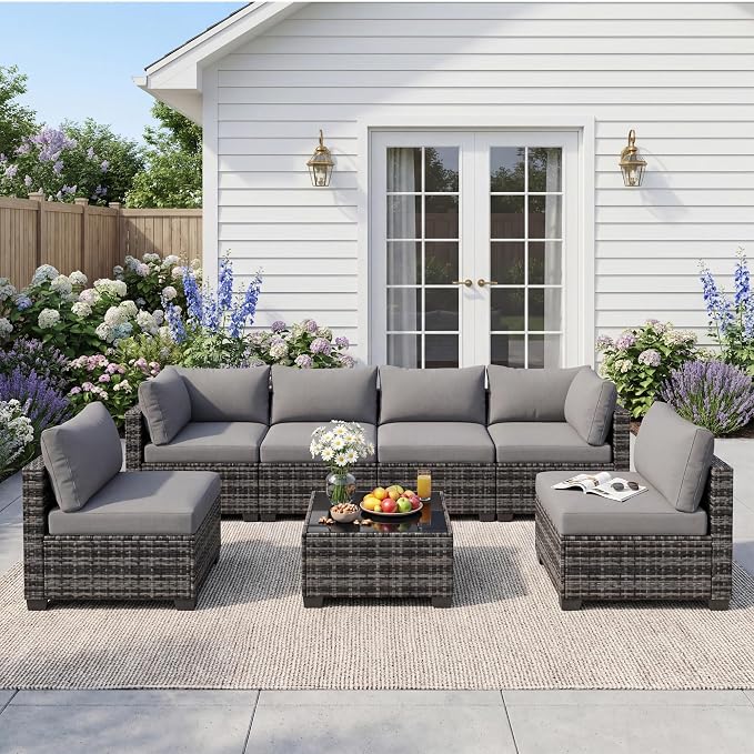 Patio Furniture Set 7 Pieces Conversation Set Wicker Outdoor Sectional Sofa,Ergonomic Armrests Couch with Cushion and Glass Table (Light Grey-Light Grey, 7 Piece-Single)