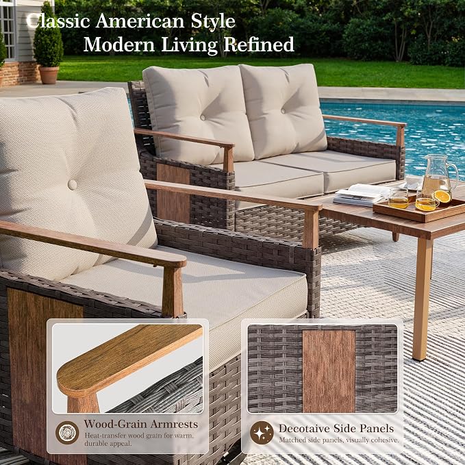 NestNook 4 Pieces Patio Furniture Set, Outdoor All-Weather Handwoven PE Wicker Swivel Chairs, Conversation Set with Coffee Table, Loveseat & Thick Cushion for Backyard, Deck & Poolside, Beige