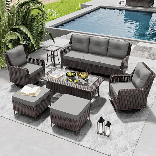 ALAULM 7 Pieces Patio Furniture Set,High Back Wicker Outdoor Sectional Furniture Set with Swivel Chairs & Coffee Table, Patio Conversation Set Thick Cushion for Backyard, Deck, Porch-Grey