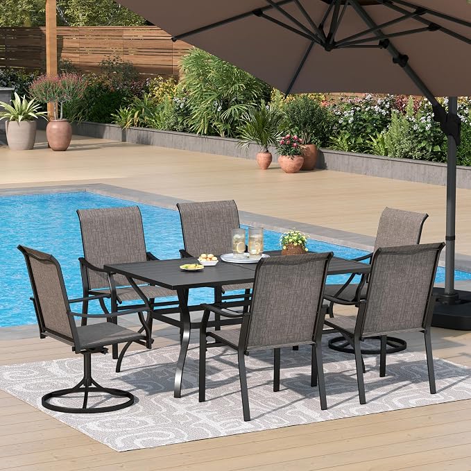 PHI VILLA 7 PCS Outdoor Dining Table and Chairs,Patio Dining Set with 2 Swivel & 4 Stable Outdoor Dining Chairs,Sling Fabric and Durable Frame, Large Patio Table with Umbrella Hole