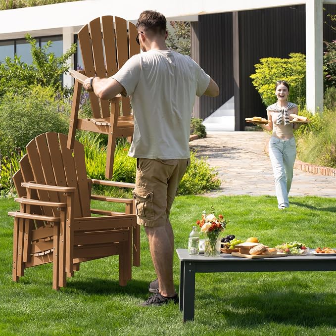 nevilywood Compact Stackable Adirondack Chairs,All Weather HDPE,380lb,Teak | 26.3" Wide HDPE.All-Weather Outdoor.Maintenance-Free.Stackable for Storage.25°Curved Straight Backrest.Quick Assembly