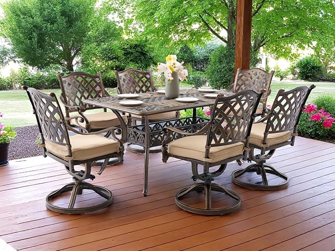 7 Piece Cast Aluminum Outdoor Dining Set, Retro Patio Dining Furniture Set for 6 Includes 59” Rectangular Table 6 Lattice Chairs with Thicker Cushions and Umbrella Hole for Porch Poolside Garden