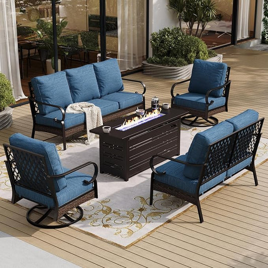 SUNSHINE VALLEY 5 Piece Metal Outdoor Patio Furniture Set with Firepit Table, Patio Conversation Sets 1 3-Seater Sofa, 1 2-Seater Loveseat, 2 Swivel Chair with 5.75" Cushion for Backyard Deck, Blue-2