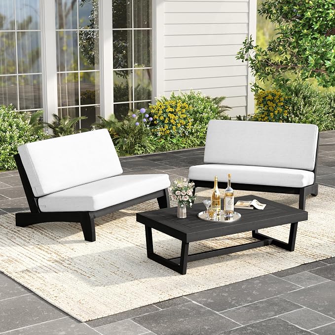 Black Wood Patio Furniture Sets, 3 Pieces All Weather Patio Loveseat Sofa Outdoor Sectional Futniture Backyard Conversation Set with Solid Wooden Coffee Table - Beige