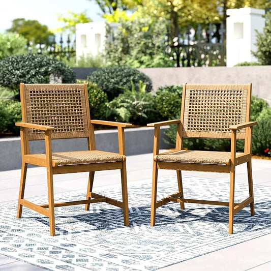 PHI VILLA Patio Dining Chairs, Set of 2, Acacia Wood & Wicker, Brown | All-Weather, Wide Seat, For Deck, Porch, Garden