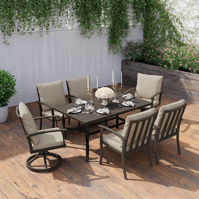 HAPPATIO 7 Piece Patio Dining Set, Aluminum Outdoor Dining Set for 6, Patio Furniture Sets, 2 Swivel Dining Chairs, 4 Dining Chairs, Aluminum Furniture Set for Patio, Yard (Black)