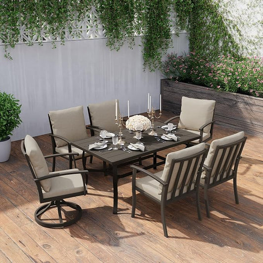 HAPPATIO 7 Piece Patio Dining Set, Aluminum Outdoor Dining Set for 6, Patio Furniture Sets, 2 Swivel Dining Chairs, 4 Dining Chairs, Aluminum Furniture Set for Patio, Yard (Black)