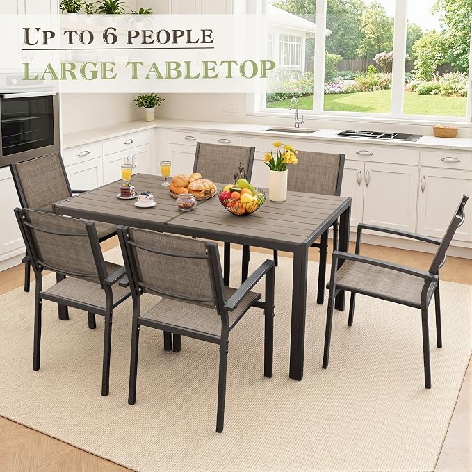 Greesum Patio Dining Set 7 Piece, Outdoor Furniture Textilene Chairs with Large Table, Comfortable for Porch, Pool, Garden, Brown