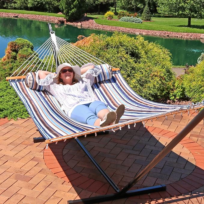 Sunnydaze Quilted Double Hammock for Outside with Spreader Bars and Pillow - 450 lb Capacity, 74x55 Inch Bed, UV Resistant, Quick Dry - Chains Included, Stand Sold Separately - Ocean Isle