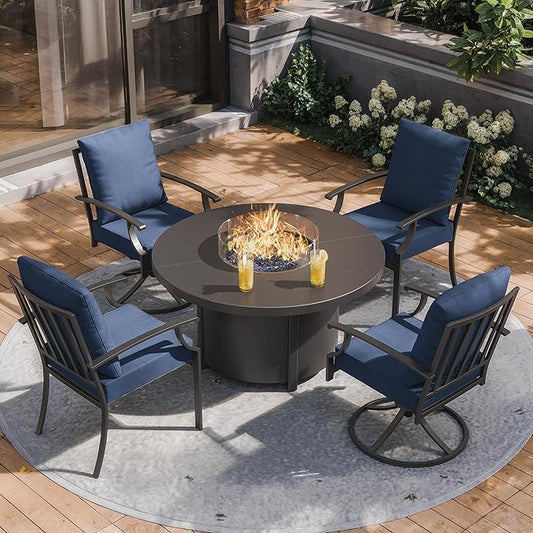 ALAULM 5-Piece Outdoor Dining Set for 4 Metal Outdoor Patio Furniture with 2 Swivel Chairs & 40000 BTU Round Fire Pit Table for Patio, Backyard, Garden-DarkBlue