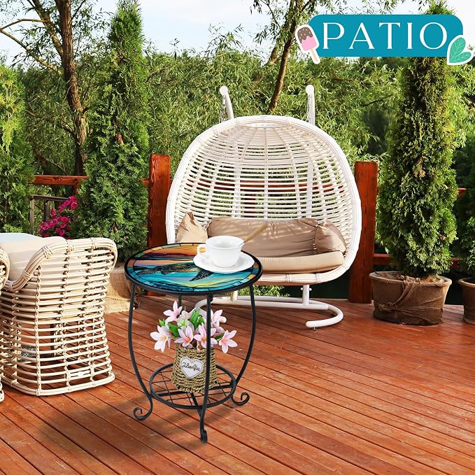Cinnvoice Outdoor Side Table Round Small Mosaic Patio Accent Indoor End Plant Coffee Tea Table for Yard Patio Porch Garden Living Room, Bedroom(Turtle Style,14 Inch)