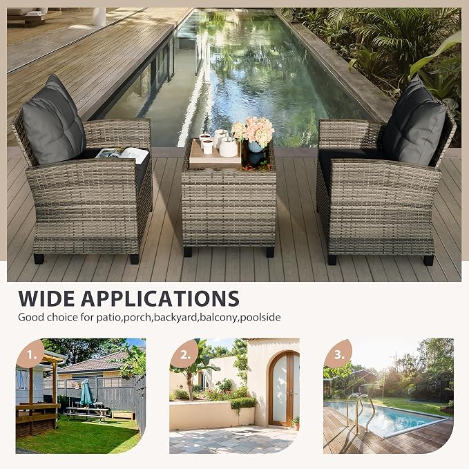 Vongrasig 3 Piece Patio Furniture Set Small Outdoor Wicker Rattan Front Porch Bistro Set Cushioned Patio Chairs Conversation Set with Glass Table for Lawn, Garden, Backyard, Balcony, Poolside (Gray)