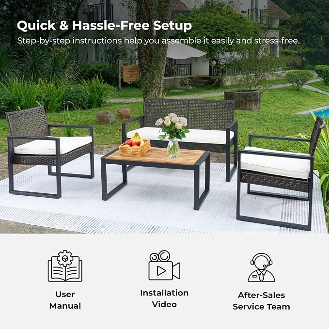 4 Piece Patio Furniture Set, Wicker Rattan Outdoor Furniture with Cushion, Patio Conversation Sets with Chairs Loveseat and Coffee Table for Outdoor, Porch, Yard, Poolside, Balcony, Lawn (Brown)