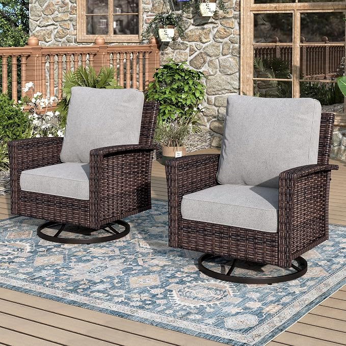 MIXPATIO Swivel Patio Wicker Chairs Set of 2, High Back Outdoor Swivel Patio Rattan Chairs with 5.5" Thick Cushions for Bistro Balcony Porch Deck and Yard, Light Grey