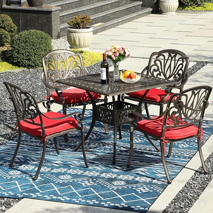 TITIMO 5-Piece Outdoor Patio Dining Set,Cast Aluminum Furniture Patio Conversation Set All-Weather Includes Square Table with Umbrella Hole for Patio Garden Deck, Flower Design (Red)
