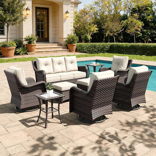 9 Pieces Outdoor Furniture Set with 6-inch Cushions, High Back Wicker Swivel Rocker Chairs with Coffee Table, Luxury Conversation Set for Deck Patio and Poolside