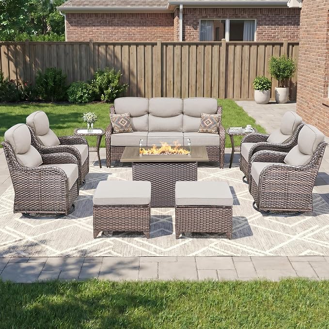 Luxury Patio Furniture Set 10pcs with 6-inch Thick Cushion, Outdoor Furniture with Fire Pit Table, Swivel Chairs, Sofa, Side Table, Ottomans, Patio Set for Deck Yard Brown Wicker | Beige Cushions