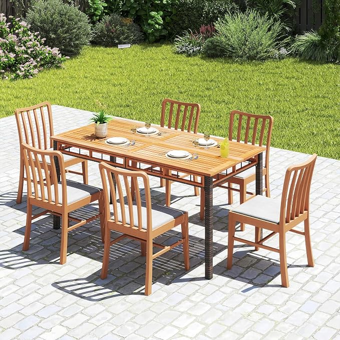 HAPPYGRILL Acacia Wood Outdoor Dining Table 63", 4-6 Person Rectangular Metal Patio Table with Umbrella Hole and Rattan Legs, Slatted Outdoor Furniture for Garden, Poolside, Backyard and Deck