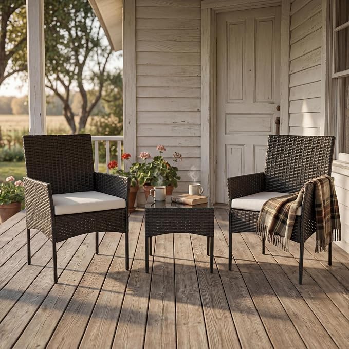 Sweetcrispy 3 Piece Patio Furniture Set, All-Weather Outdoor Conversation Set with Removable Cushions & Tempered Glass Table, Small Bistro Set for Balcony, Porch, Backyard, Deck, Black