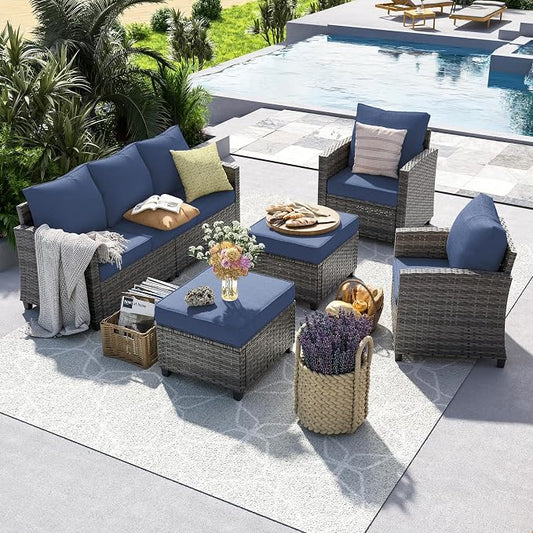 UDPATIO Patio Furniture Set, 5 Pieces Outdoor Sectional Sofa Set, All-Weather Wicker Rattan High Back Outdoor Conversation Set with Ottoman for Poolside, Backyard, Grey Wicker Navy Blue Cushion