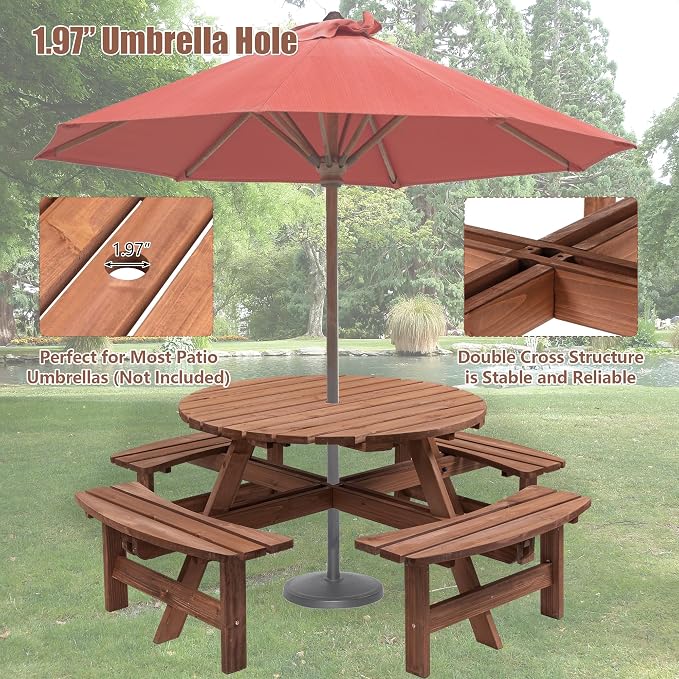 8 Person Outdoor Picnic Table with Wooden Bench, Round Picnic Table Dining Table w/ 4 Built-in Benches ,Umbrella Hole, Outside Table and Bench Set for Garden, Backyard, Porch, Patio, 2220lb Capacity