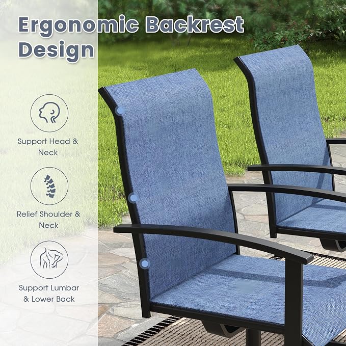 VICLLAX 7 Pieces Patio Outdoor Dining Set, 6 Swivel Textilene Chairs and 59" Round Metal Table with Umbrella Hole for Porch, Deck, Garden, Black/Dark Blue