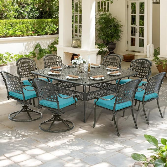 SOCIALCOMF 9-Piece Patio Cast Aluminum Dining Set, Outdoor Table and Chairs Set for 8, Includes 64" Large Square Dining Table, 6 Stationary, 2 Swivel Dining Chairs with Umbrella Hole, Ocean Blue
