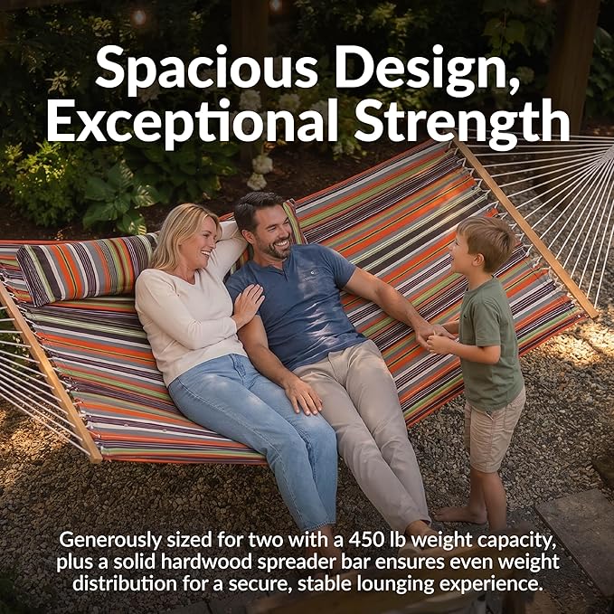 Sunnydaze Quilted Double Hammock for Outside with Spreader Bars and Pillow - 450 lb Capacity, 74x55 Inch Bed, UV Resistant, Quick Dry - Chains Included, Stand Sold Separately - Canyon Sunset