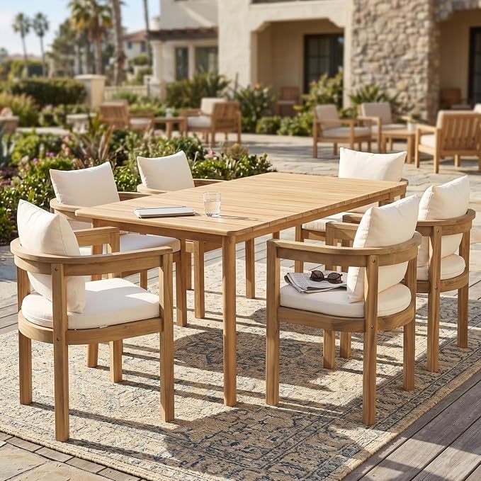 Merax Outdoor Acacia Wood Dining Set of 7, Patio 61" Large Dining Table,6 Club Dining Chairs with Cushions for 6 Person, Patio Dining Furniture Set for Deck, Yard, Porch, Beige + Teak