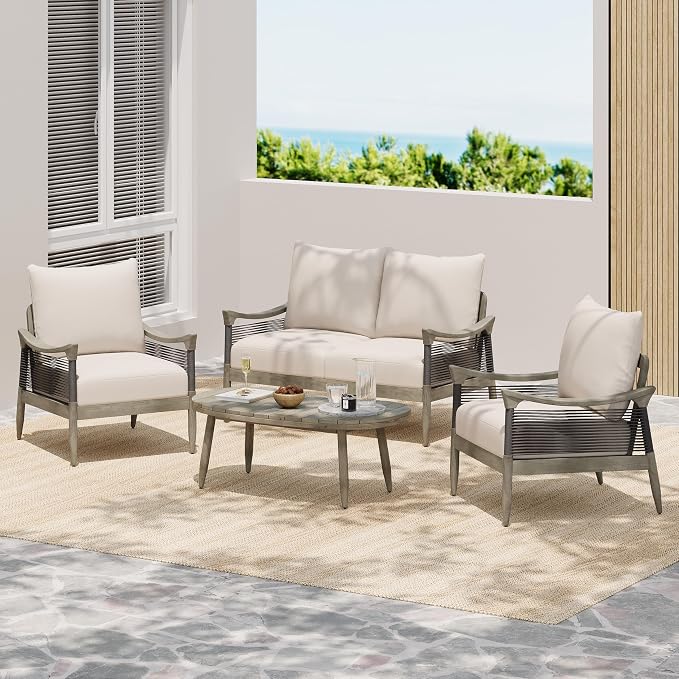 Merax 4-Piece Acacia Wood Patio Set with Loveseat, Chairs & Table | Grey Acacia Frame, Dark Grey Rope, Beige Cushions, Deep Seating And Coffee Table For Porch, Garden, Backyard Or Balcony