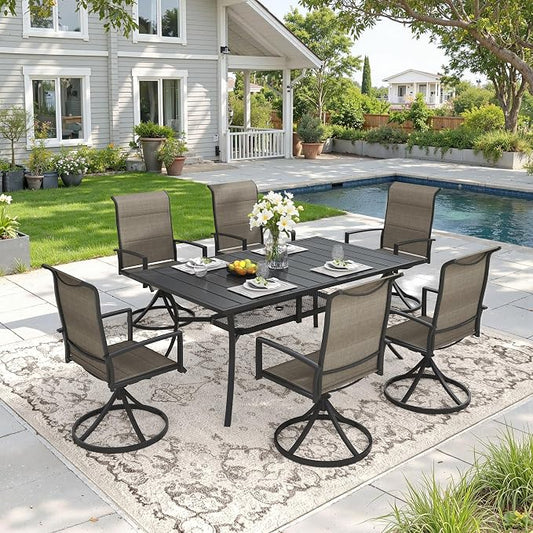 DIFY 7 Piece Outdoor Patio Dining Set for 6, 59.2" Black Rectangle Metal Dining Table and Swivel Patio Chairs with Brown Padded Textilene, All-Weather Outdoor Furniture Set for Garden Backyard Porch