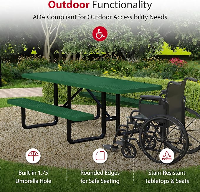 Leisure Craft Metal Picnic Table with Bench - 8 ft Rectangle Outdoor Dining Table with Umbrella Hole, Heavy Duty Thermoplastic Coating, ADA Compliant, Commercial Grade Furniture Made in USA - Green