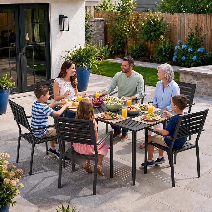 Pamapic 7-Piece HDPE Outdoor Dining Set, All-Weather Patio Furniture Set with Powder-Coated Iron Frame, Outdoor Table & 6 Stackable Chairs for Garden, Backyard, Poolside, Deck