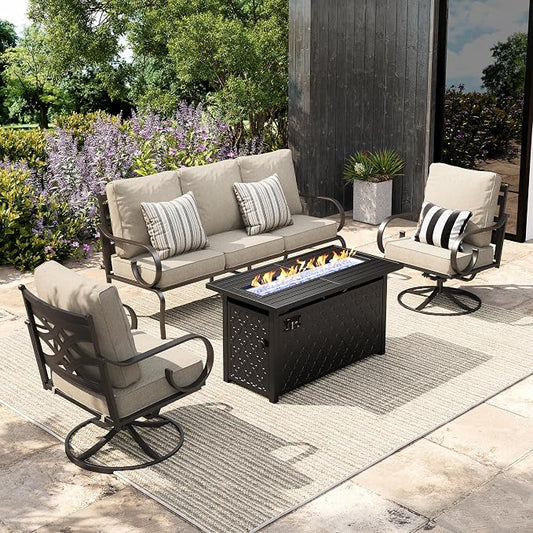 Sophia & William Patio Conversation Set for 5, 3-Seater Sofa, 2 Swivel Chairs and a 45" Fire Pit Table, Metal Outdoor Furniture with 5.75" Extra Thick Cushions, Beige