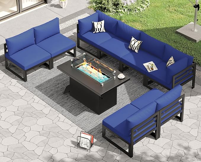 RADIATA 9 Piece L Shaped Contemporary Aluminum Outdoor Furniture Set with Firepit, 29 inch Deep Wide Large Couch Set, 500 lbs High Weight Capacity Modular Patio Sectional Sofa for Exterior, Navy Blue