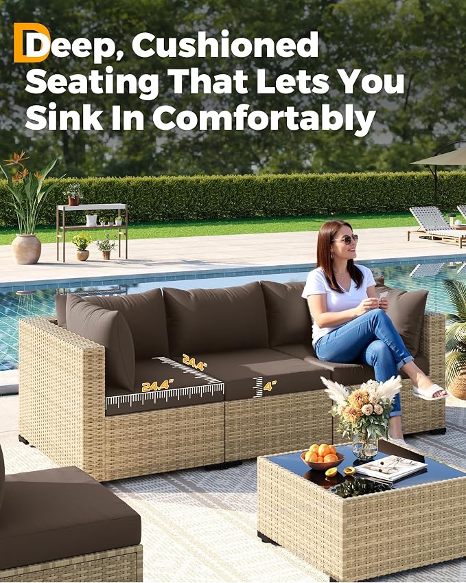 UDPATIO Patio Furniture Set with Fire Pit Table, 8 Piece Sectional Sofas All-Weather Wicker Conversation for Garden, Backyard, Brown